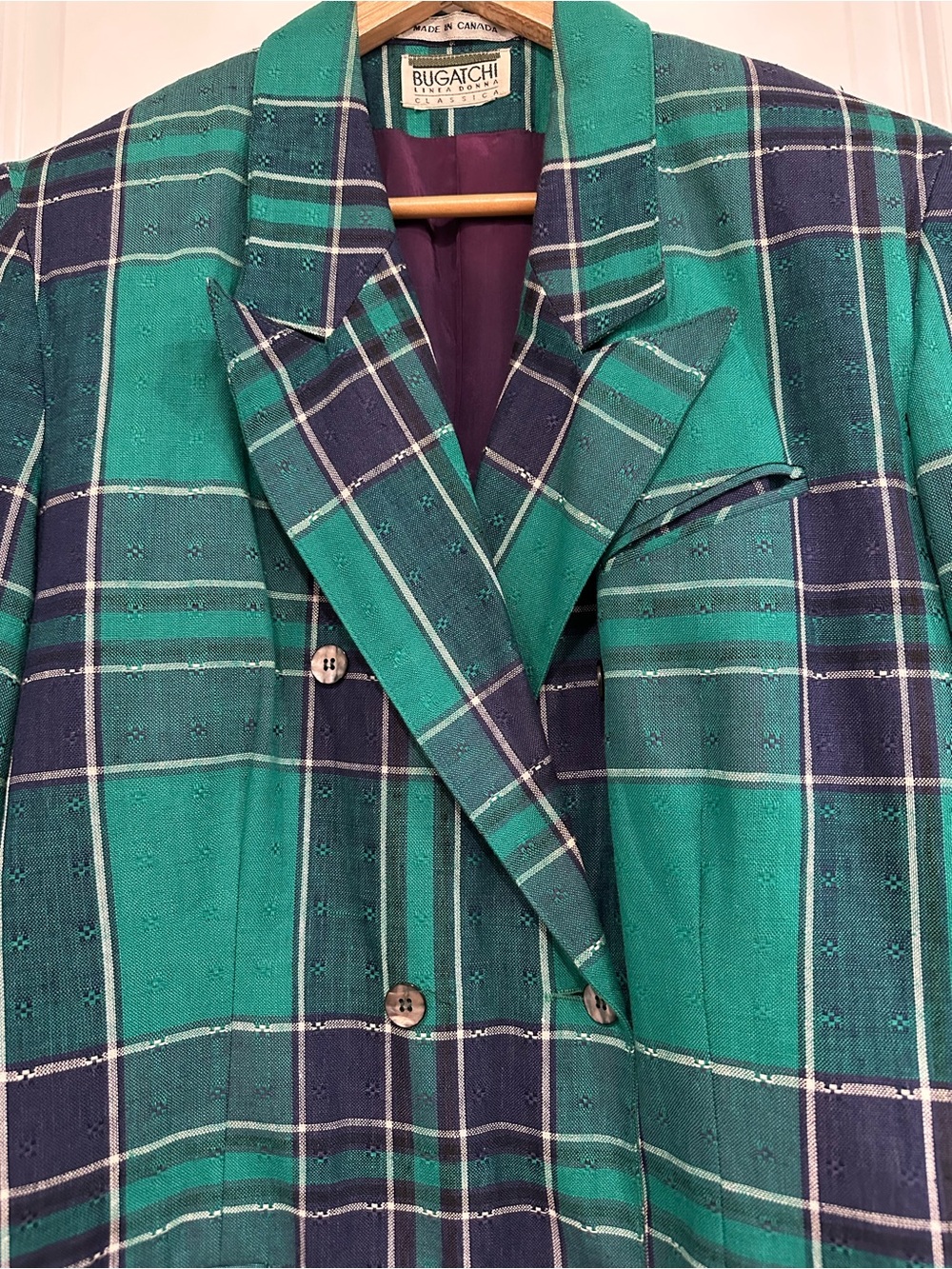 Bugatchi Linea Donna Vintage VTG Women’s Green & Navy Plaid 90s Blazer Oversized - Picture 5 of 12